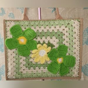Handcrafted Green Floral Crochet Tote Bag